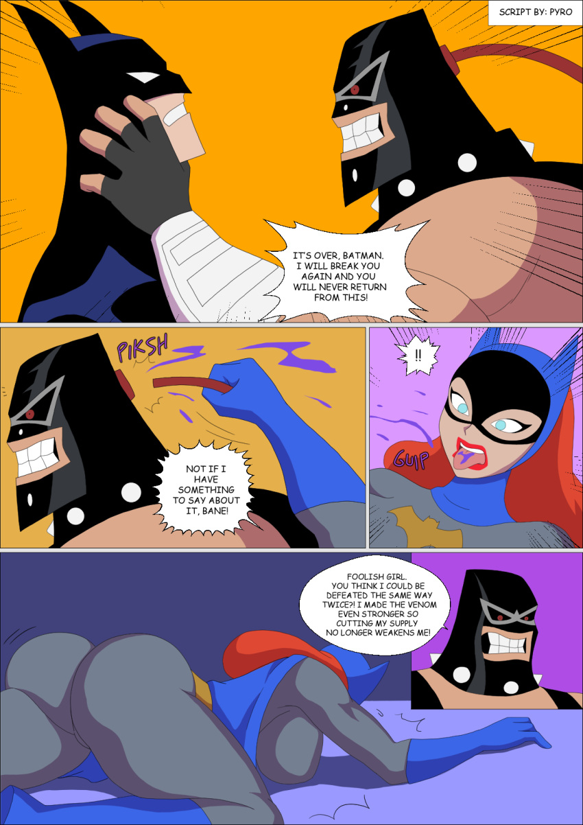 1girls 2d ass bane barbara_gordon batgirl batgirl_(dcau) batman batman:_the_animated_series batman_(bruce_wayne) batman_(series) bent_over big_breasts breasts bruce_wayne comic curvy_female dc dc_comics dcau digital_media_(artwork) evil_grin gritted_teeth hero heroine heroine_in_trouble imminent_muscle_growth imminent_transformation muscle_growth muscles muscular_male neck_licking onomatopoeia open_mouth part_of_a_series part_of_a_set part_of_comic red_eyes sideboob superhero superheroine supervillain the_new_batman_adventures zetarok