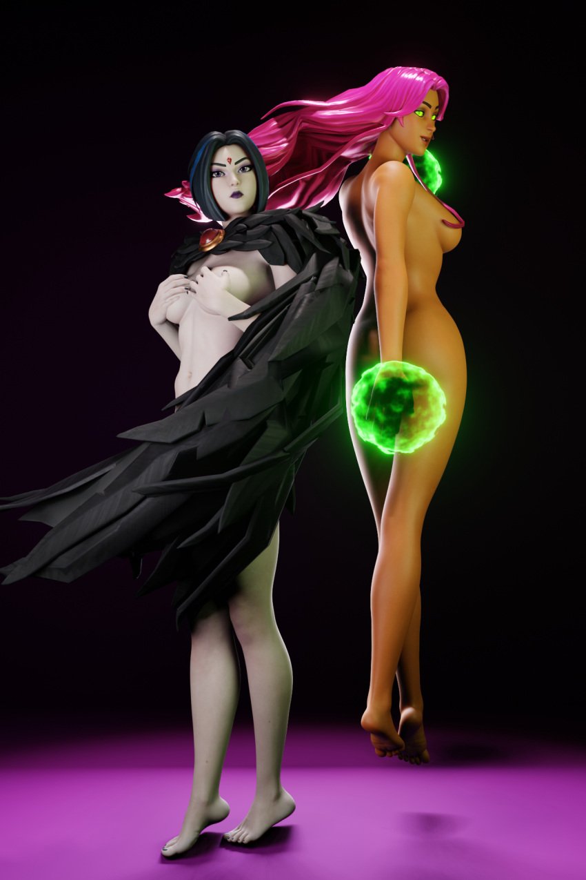 2girls alien alien_girl alien_humanoid cape completely_naked completely_naked_female completely_nude completely_nude_female covered_nipples covering covering_breasts dc dc_comics duo duo_female duo_focus feathers feet female female_only floating flying green_eyes grey_skin hair_covering_breasts hand_covering_breasts koriand'r long_hair long_hair_female multiple_girls naked naked_female nude nude_female orange_skin purple_eyes purple_hair rachel_roth raven_(dc) red_hair short_hair short_hair_female starfire superhero superheroine superpowers tagme tamaranean teen_titans