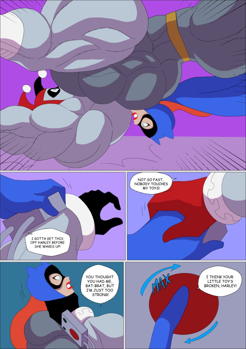 2girls bad_anatomy barbara_gordon batgirl batgirl_(dcau) batman:_the_animated_series batman_(series) blue_eyes clown_girl comic dc dc_comics dcau dialogue english english_text exaggerated_anatomy female female_only german_suplex harleen_quinzel harley_quinn harley_quinn_(classic) heroine heroine_in_trouble long_hair muscle_girl muscles muscular_arms muscular_ass muscular_female neck_grab onomatopoeia part_of_a_set part_of_comic red_hair red_lipstick sideboob speech_bubble suplex text the_new_batman_adventures villainess wrestling zetarok