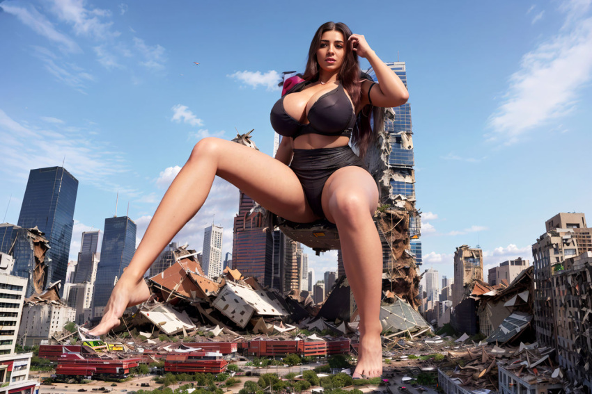 1girls ai_generated big_breasts breasts cade2020 city city_destruction female female_only giant_female giantess large_breasts sitting sitting_on_building solo solo_female tanned tanned_female tanned_girl tanned_skin