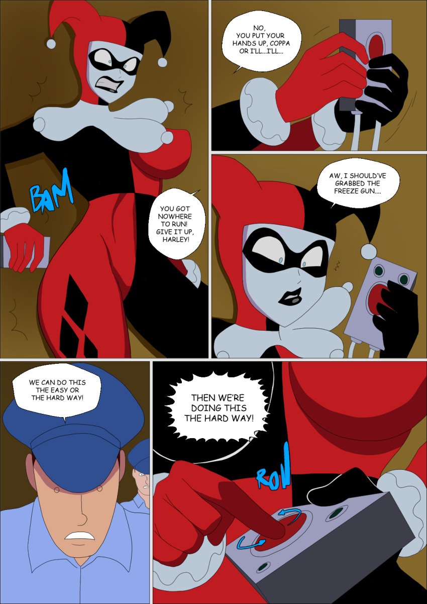 batman:_the_animated_series batman_(series) big_breasts black_lipstick blue_eyes breasts clown_girl comic comic_page dc dc_comics dcau dialogue english english_text female female_only harleen_quinzel harley_quinn harley_quinn_(classic) hourglass_figure imminent_transformation part_of_a_series part_of_a_set part_of_comic pressing_button text the_new_batman_adventures wide_hips zetarok