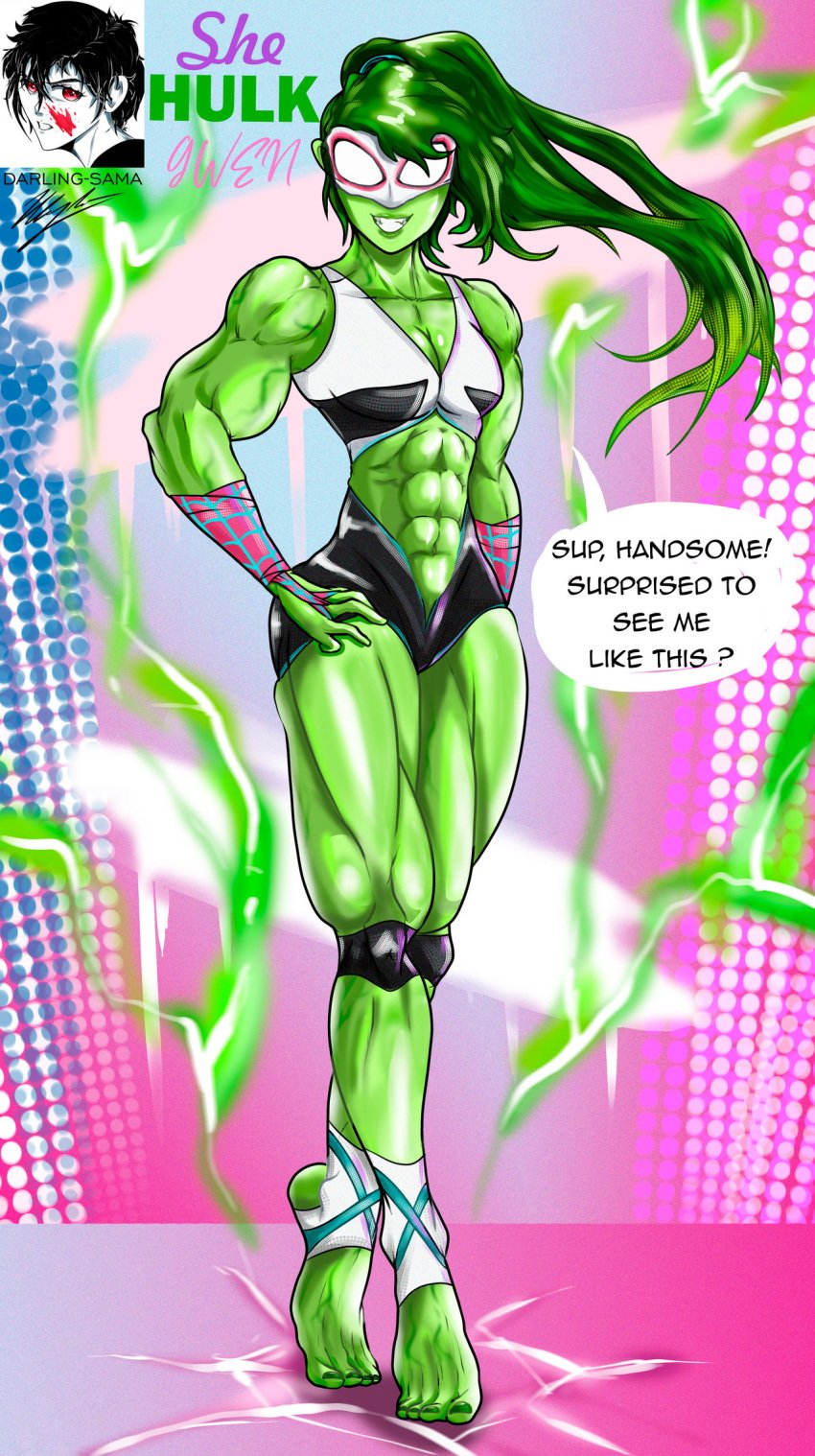 1girls artist_logo big_breasts cleavage darling-sama female female_only ghost_spider green_hair green_skin gwen_stacy hulked_out legs marvel marvel_comics mask muscles muscular muscular_female revealing_clothes solo speech_bubble spider-gwen spider-man_(series) thick_thighs thighs wide_hips