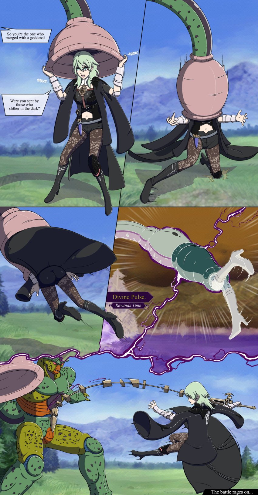 1girls absorbing absorption absorption_vore ass big_ass blue_sky byleth_(fire_emblem) byleth_(fire_emblem)_(female) cell_(dragon_ball) crossover dragon_ball dragon_ball_z english_text female femsub fighting fire_emblem fire_emblem:_three_houses flesh_tunnel flesh_wall fleshy_tentacle forced forced_vore grass green_eyes green_hair kick kicking leggings legs legs_up legwear long_hair mouth nintendo open_mouth restrained shiny_ass shiny_butt shiny_hair shiny_skin struggling struggling_prey struggling_to_get_out tail_bondage tail_bulge tail_motion tail_vore teeth teeth_showing text thighs time_stop vore yugerov