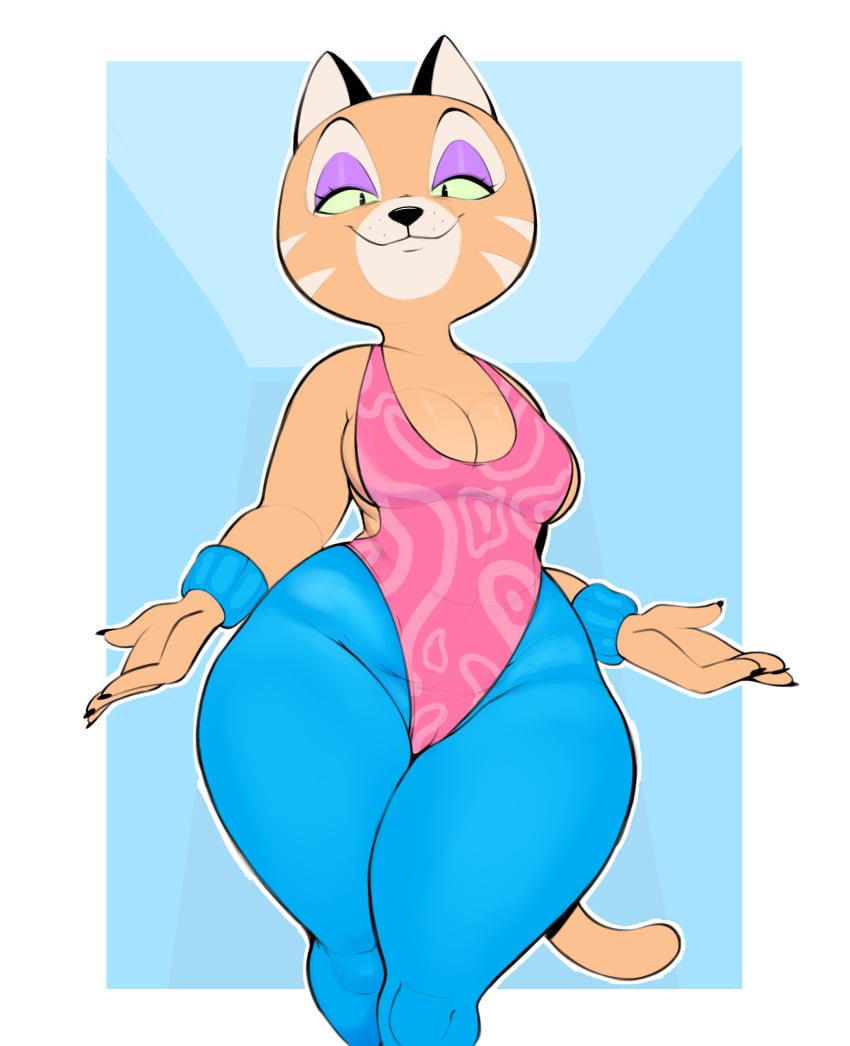 2023 anthro armband breasts cameltoe cat_girl cat_humanoid cleavage eyeliner feline female female_focus female_only leotard miss_berlo original original_character pear_shaped pink_leotard thick thick_thighs thighs usnarbit wide_hips workout_clothes workout_clothing workout_outfit