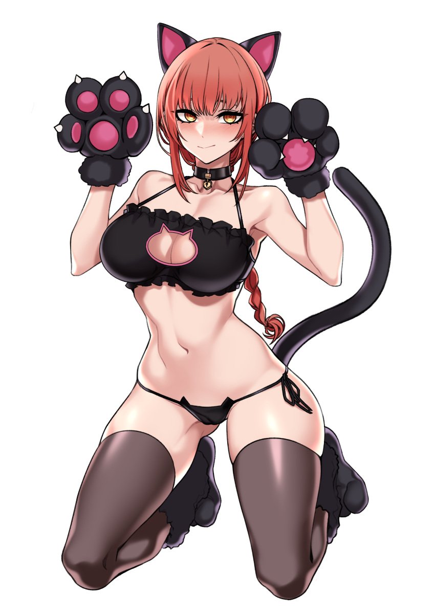 1girls alternate_version_available big_breasts black_thighhighs blush bottomwear braid breasts cat_ears cat_lingerie cat_paws cat_tail chainsaw_man cleavage collar dogs_(dlrkdejr26) fake_animal_ears fake_tail female female_only hair hips huge_breasts legwear lingerie makima_(chainsaw_man) neckwear red_hair solo solo_female thick_thighs thighhighs thighs topwear white_background yellow_eyes