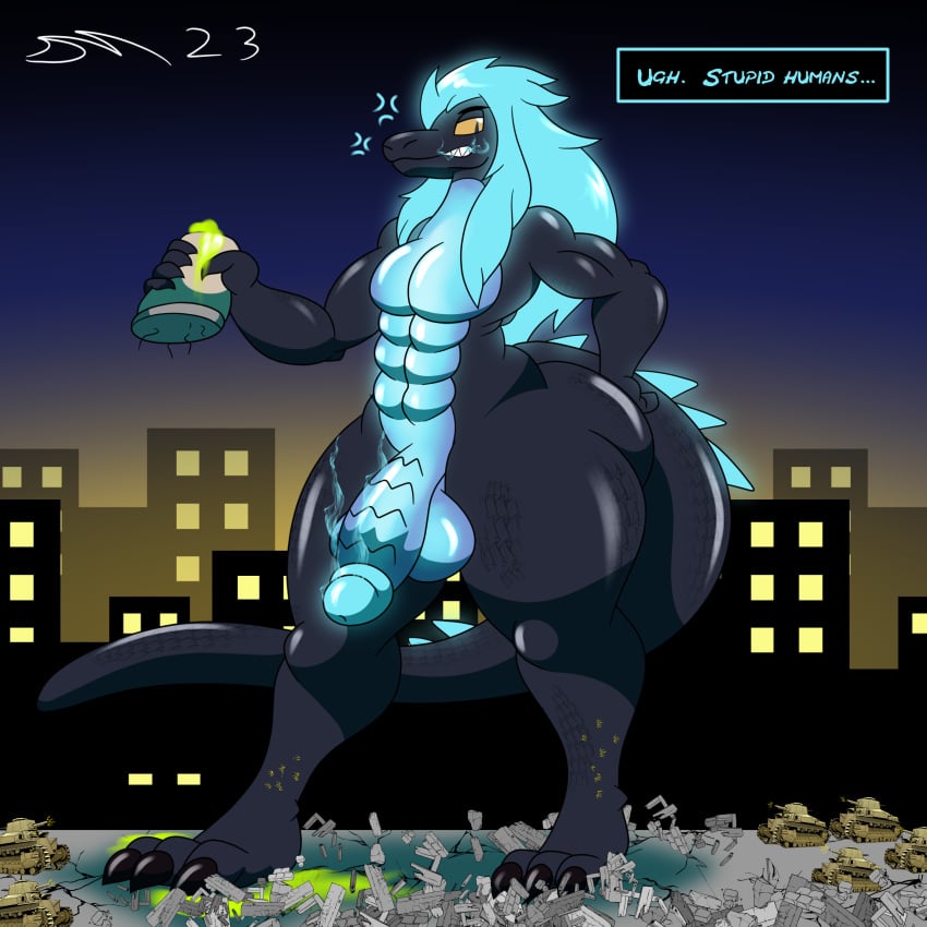 absurd_res black_body black_scales black_skin blue_hair blue_underbelly city city_background city_crushing cityscape dinosaur dirtymac genitals giant_mons girly glowing glowing_body glowing_genitalia glowing_hair glowing_penis godzilla godzilla_(series) hair hi_res kaiju lizard male male_only penis reptile scales scalie tank toho vehicle