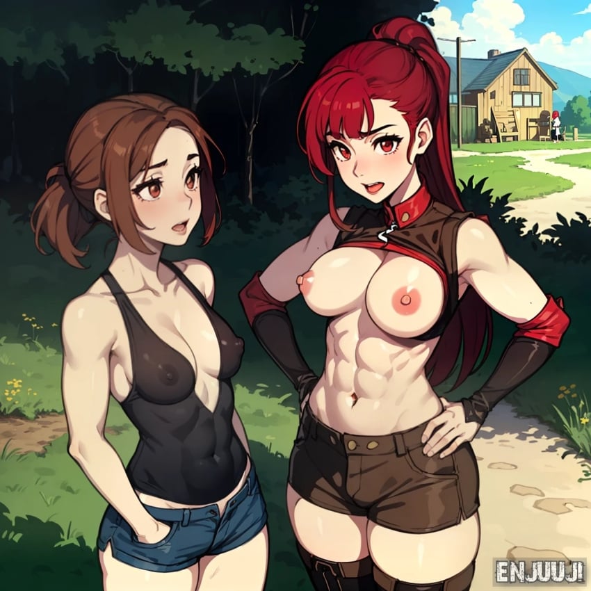 2futas abs ai_generated alternate_hairstyle big_breasts breasts breasts_out brown_hair different_breast_sizes enjuuji futanari juliana_caxton long_ponytail looking_at_partner looking_at_viewer medium_breasts nipples older_sister_younger_sister ponytail red_eyes red_hair sisters stephanie_caxton watermark