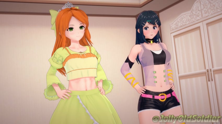 2girls 3d abs awe bare_midriff bare_thighs belt blue_eyes blue_hair breasts crop_top detached_sleeves etie_(fire_emblem) female female_only fire_emblem fire_emblem_engage green_eyes hairpin indoors jollyoldsoldier long_hair long_sleeves medium_breasts midriff multiple_girls navel nintendo open_mouth orange_hair oribe_tsubasa see-through see_through_vest shorts skirt small_breasts smile sports_bra staring teal_hair thighs tokyo_mirage_sessions_#fe vest window yuri