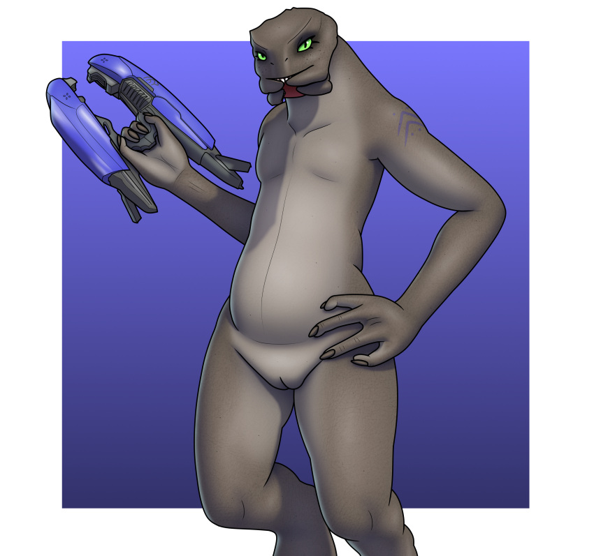 2023 4_fingers alien arm_tattoo belly biped blue_background brown_body brown_skin featureless_chest female female_sangheili fingers flat_chested front_view genitals green_eyes gun halo_(series) hand_on_hip hi_res holding_gun holding_object holding_rifle holding_weapon humanoid looking_at_viewer mandibles microsoft nude plasma_gun pudgy_belly pupils pussy random73 ranged_weapon rifle sangheili simple_background slightly_chubby slightly_chubby_female slightly_chubby_humanoid slit_pupils solo some_sangheili standing tattoo teeth unique_style weapon xbox_game_studios