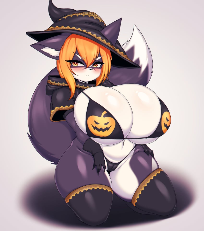 anthro big_breasts black_body black_fur blush breasts busty clothed clothing female female_only fur furry hair halloween_costume hat hayoon_(tailzkim) headgear headwear hi_res legwear orange_hair simple_background solo stockings tail tailzkim voluptuous white_body witch_hat