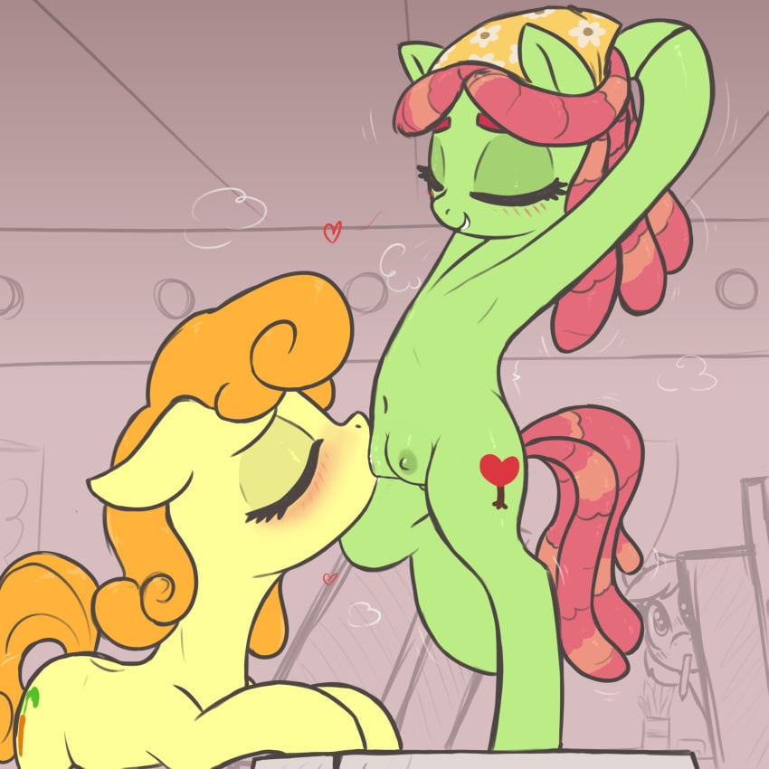 1:1 2023 absurd_res blush blush_lines carrot_top_(mlp) closed_eyes equid equine female female/female feral friendship_is_magic green_body hasbro hi_res mammal my_little_pony navel object_in_mouth pencil_(object) stretching sucking sucking_crotchboobs t72b tree_hugger_(mlp)