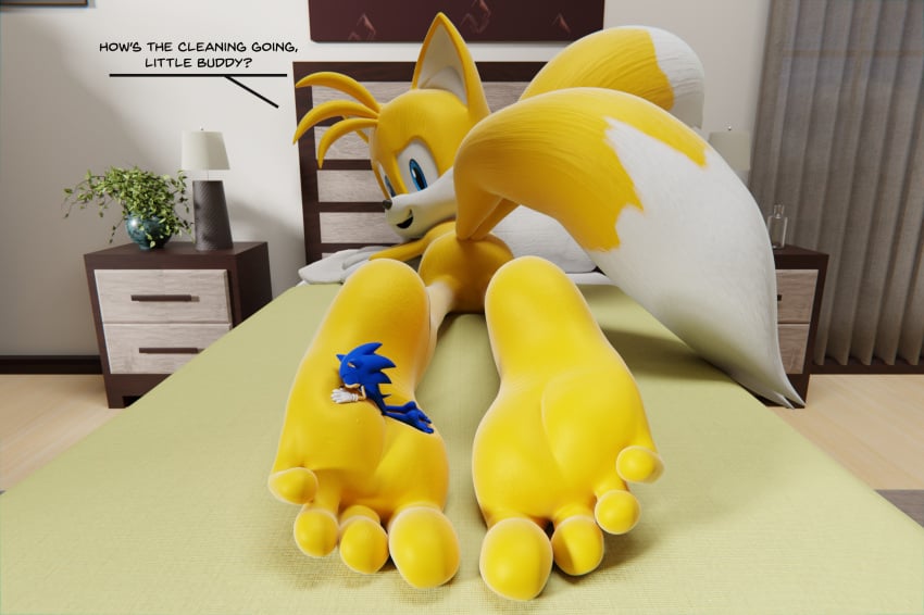 3d_(artwork) 4_toes anthro barefoot canid canine dialogue digital_media_(artwork) duo eulipotyphlan feet feetymcfoot foot_fetish foot_focus foot_lick foot_play fox giant hedgehog hi_res humanoid_feet licking male male/male male_feet male_foot_fetish mammal micro plantigrade sega size_difference soles sonic_(series) sonic_the_hedgehog sonic_the_hedgehog_(series) tails toes tongue tongue_out_deepthroat