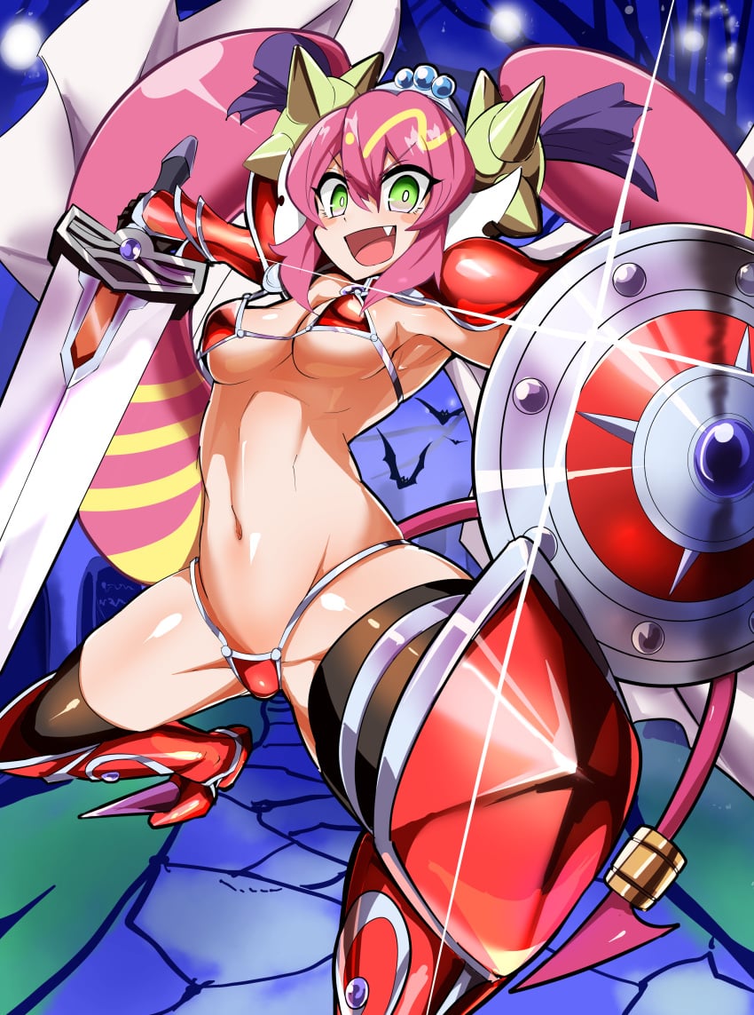 1girls bikini bikini_armor boots cute_fang duel_monster elizabeth_bathory_(brave)_(cosplay) elizabeth_bathory_(fate) fate_(series) female green_eyes ki-sikil_(yu-gi-oh!) live_twin_ki-sikil navel pink_hair swimsuit synchroman thighhighs twintails yu-gi-oh!