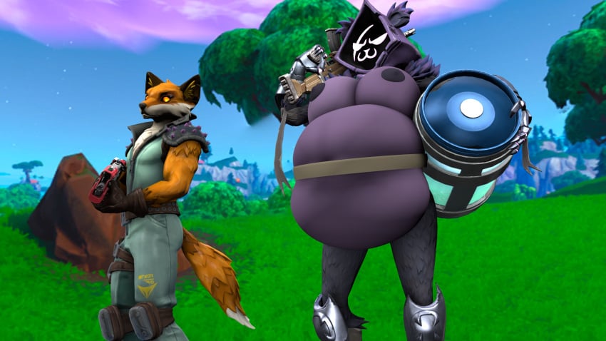 16:9 3d 3d_(artwork) anthro bear belly big_belly bloated breasts canid canine chug_jug digital_media_(artwork) duo epic_games female fennix_(fortnite) fortnite fox hi_res humanoid hyper hyper_belly male male/female mammal nipples overweight raven_team_leader source_filmmaker tail timejumpingfox widescreen