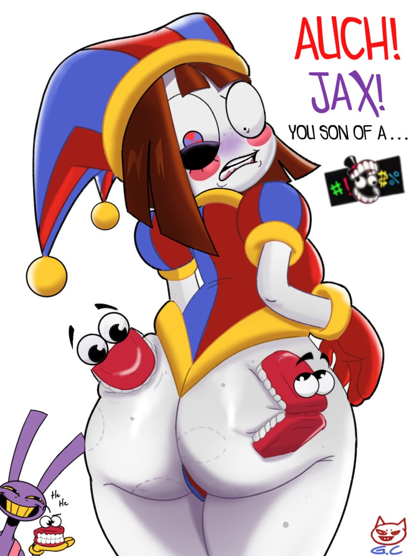 angry angry_face anthro ass big_ass big_thighs biting_ass brown_hair bunny bunny_ears dialogue dialogue_box female gloves gomezcat holding_object jax_(the_amazing_digital_circus) jester jester_costume jester_hat jester_outfit laughing looking_at_another looking_at_ass male pomni_(the_amazing_digital_circus) prank purple_body short_hair smile smiling tagme the_amazing_digital_circus thick_thighs thighs white_body yellow_eyes yellow_mouth