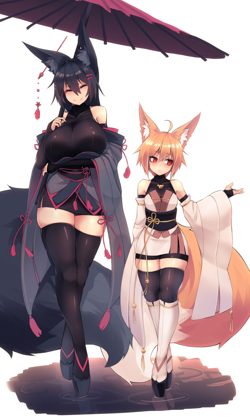 2019 2girls black_fur black_hair blush flat_chest fox_ears fox_girl fox_tail height_difference high_heels huge_breasts kemonomimi kiri_(sub-res) large_breasts orange_fur orange_hair parasol rain red_eyes small_breasts smiling_at_viewer sub-res suzu_(sub-res) thick_thighs thighhighs white_background wholesome