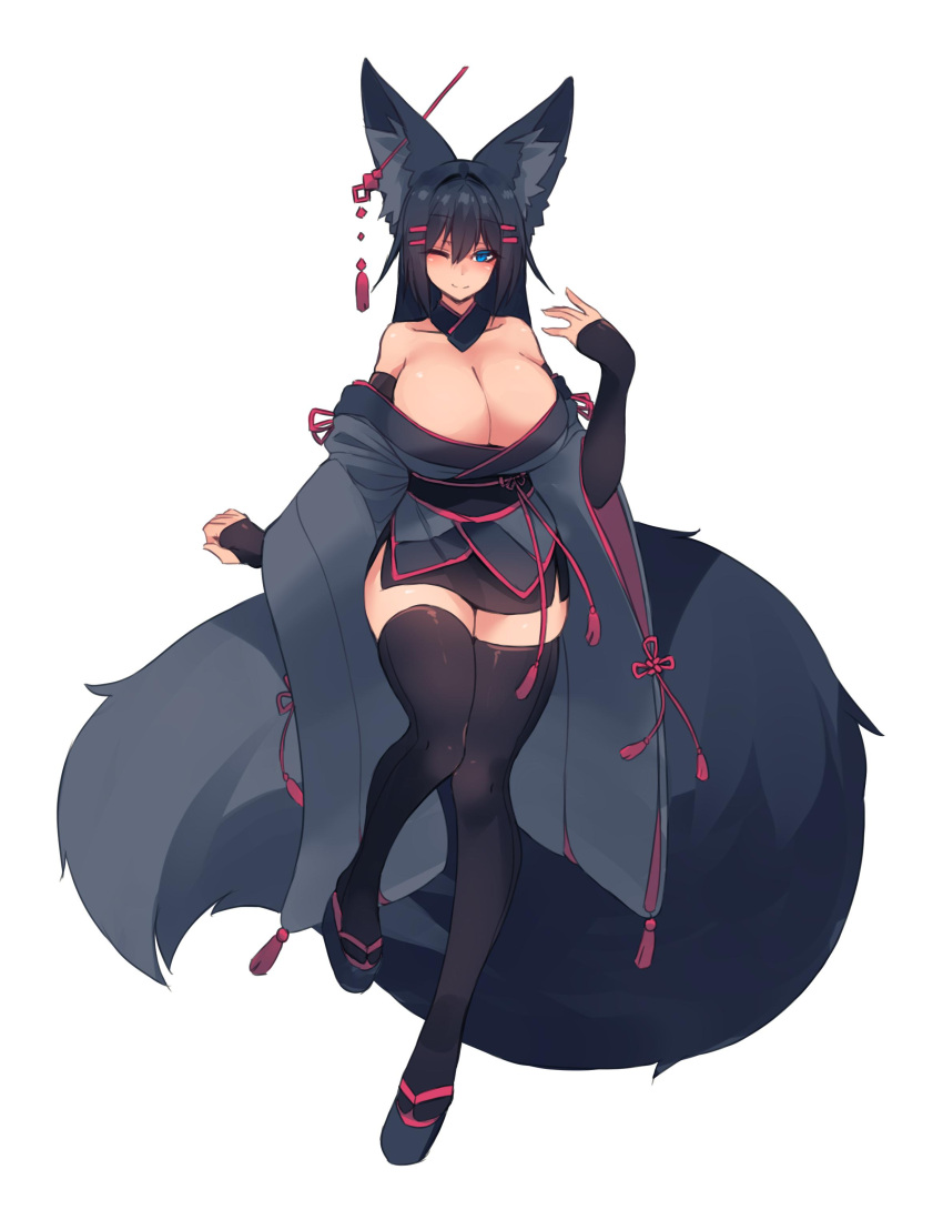 1girls 2019 black_fur black_hair blue_eyes blush blushing_at_viewer boob_window clothed clothed_female cute fox_ears fox_girl fox_tail high_heels huge_breasts kimono kiri_(sub-res) large_breasts smile smiling smiling_at_viewer sub-res thick_thighs thighhighs white_background wholesome winking winking_at_viewer