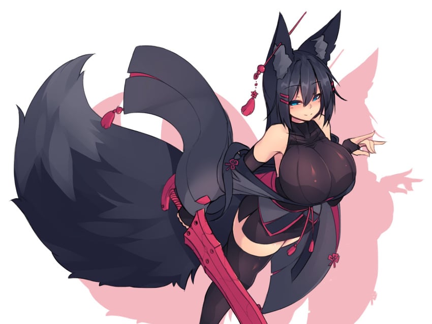 1girls 2018 armpit armpits black_fur black_hair blue_eyes blush blushing_at_viewer cast_shadow color ear_tuft ear_tufts female fox_ears fox_girl fox_tail foxgirl gentle huge_breasts kemonomimi kiri_(sub-res) kitsune large_breasts smile smiling smiling_at_viewer sub-res sword thick_thighs thighhighs white_background