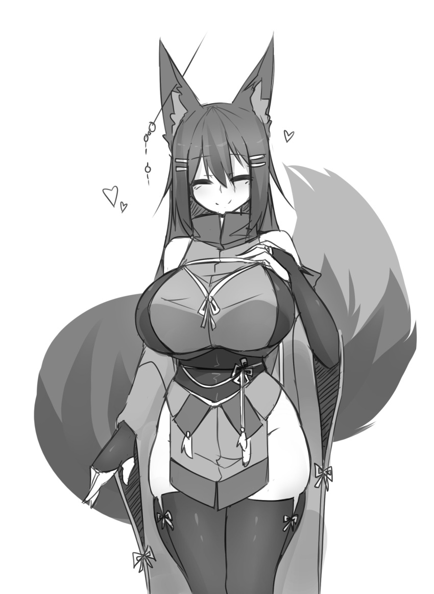 2017 black_and_white clothed clothed_female female fox_ears fox_girl fox_tail greyscale huge_breasts kemono kiri_(sub-res) large_breasts love love_heart sketch smiling smiling_at_viewer sub-res thick_thighs thighhighs white_background