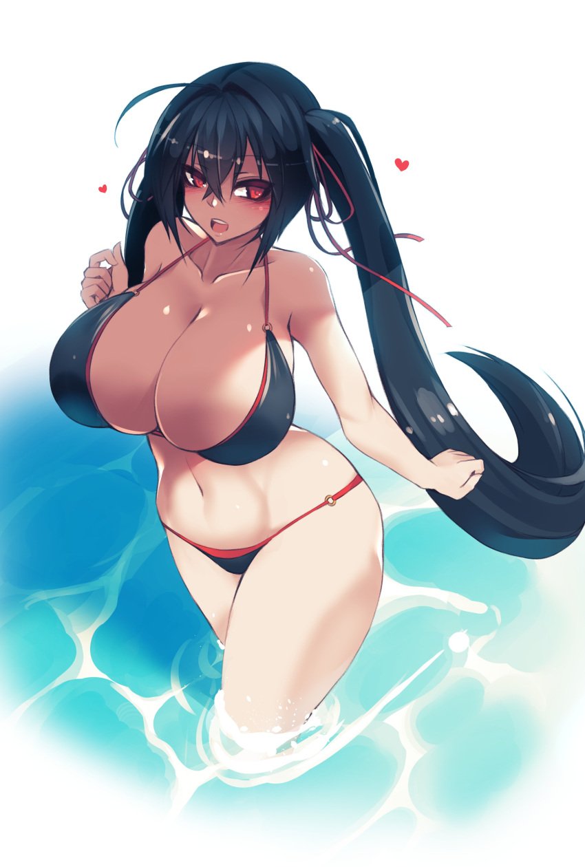 1girls 2019 azur_lane belly belly_button bikini black_hair blush blushing_at_viewer breasts cleavage color curvy female female_only from_above heart huge_breasts large_breasts light-skinned_female light_skin looking_at_viewer love love_heart love_hearts o-ring o-ring_bikini red_eyes sakura_empire_(azur_lane) sea solo stomach sub-res taihou_(azur_lane) thick_thighs tummy twintails water white_background