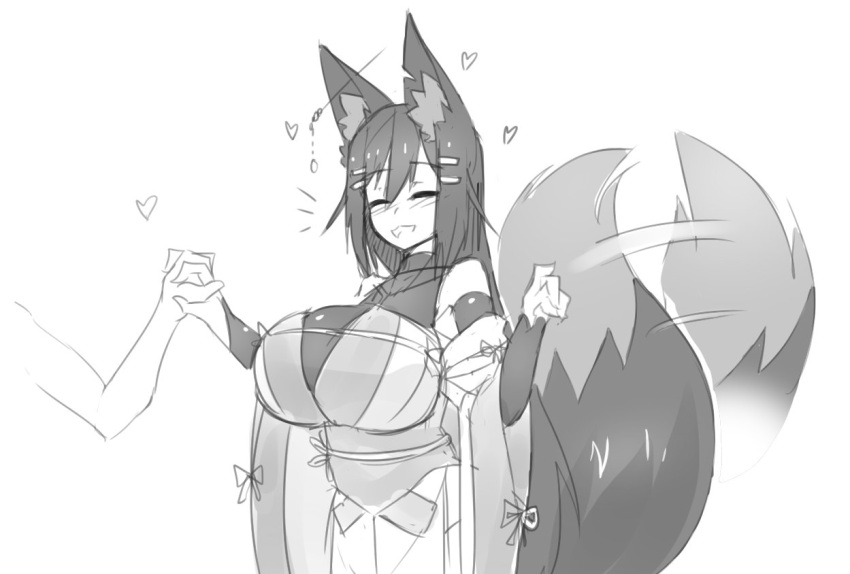 2017 blush clothed_female fox_ears fox_girl fox_tail hand_holding happy holding_hands huge_breasts kiri_(sub-res) large_breasts sketch smile smiling sub-res wagging_tail white_background wholesome