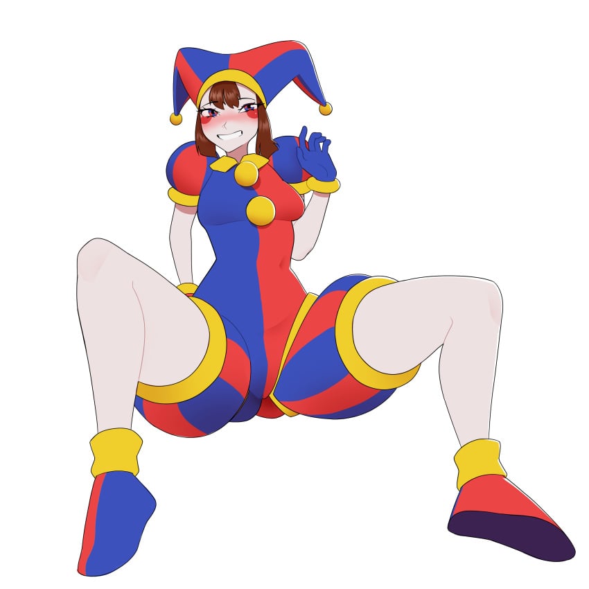 big_thighs blush breasts brown_hair female gloves jester jester_costume jester_hat jester_outfit looking_at_viewer nervous nervous_smile pomni_(the_amazing_digital_circus) reddishfoxo short_hair small_breasts spread_legs tagme the_amazing_digital_circus thick_thighs thighs white_background white_body