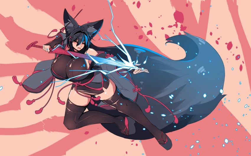 1girls 2021 abstract_background black_fur black_hair blush fox_ears fox_girl fox_tail happy huge_breasts jumping kiri_(sub-res) large_breasts sideboob smile smiling sub-res sword thighhighs