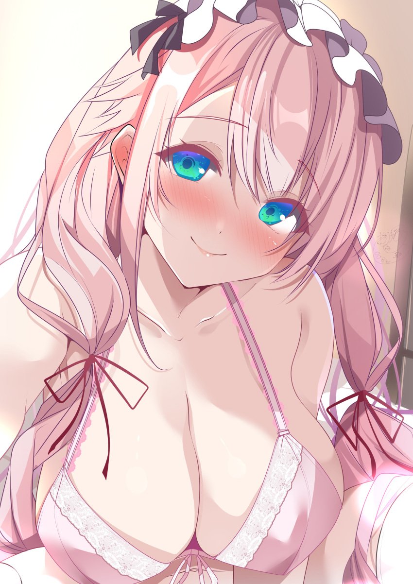 1girls azur_lane blue_eyes blush bra breasts cleavage eyebrows_visible_through_hair female female_only happy headdress huge_breasts light-skinned_female light_skin looking_at_viewer nose_blush origamisayah pink_bra pink_hair royal_navy_(azur_lane) smile solo theseus_(azur_lane) underwear