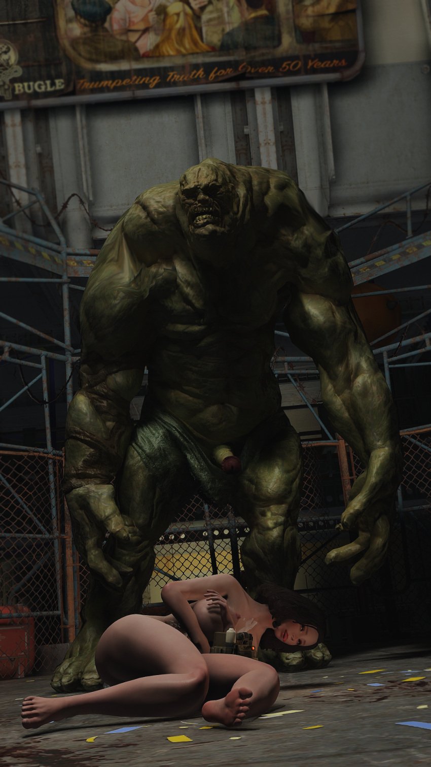 3d bethesda_softworks defeated_heroine emotrashcan fallout giant_male monster screenshot super_mutant super_mutant_behemoth tagme vault_dweller video_games