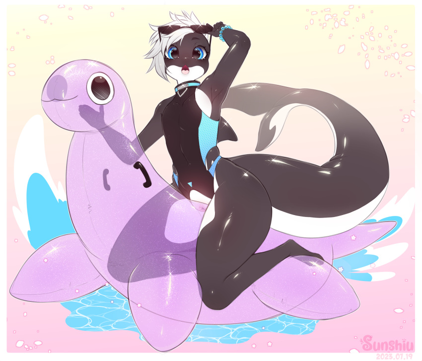 andromorph anthro black_body cetacean clothing cuntboy dolphin girly hi_res intersex male mammal marine oceanic_dolphin orca patreon pool_toy reward sardine_(taghyrt) solo sunshiu swimming_pool swimwear taghyrt toothed_whale white_body