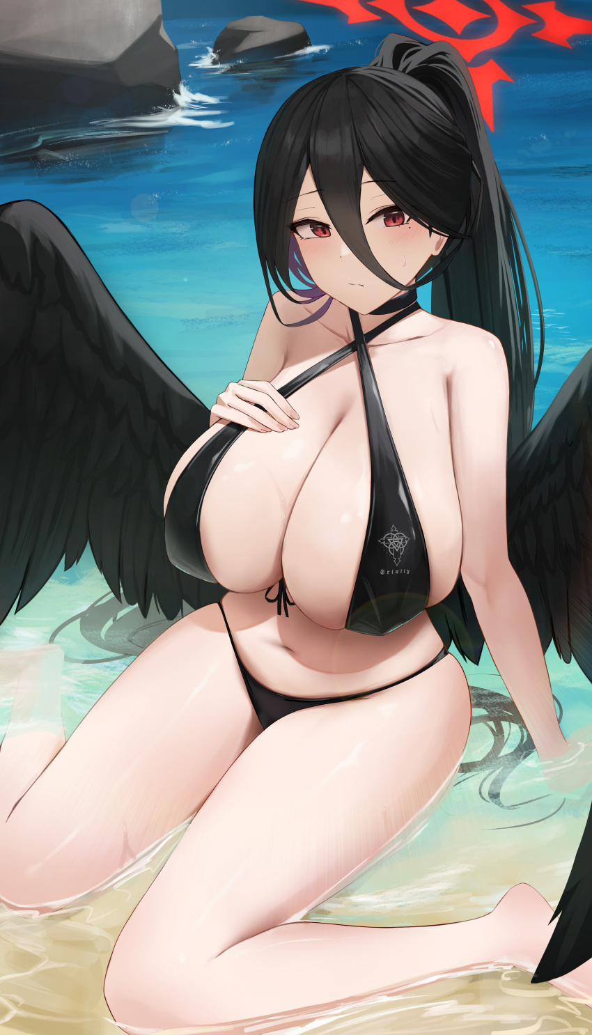 1girls 2023 absurdres bare_shoulders bexercube bikini black_bikini black_bikini_bottom black_bikini_top black_choker black_feathers black_hair black_wings blue_archive breasts choker cleavage closed_mouth collarbone feathered_wings feathers female halo hasumi_(blue_archive) high_ponytail highres huge_breasts justice_task_force_(blue_archive) low_wings mole mole_under_eye navel red_eyes rock sitting solo stomach swimsuit trinity_general_school_student wariza water wings