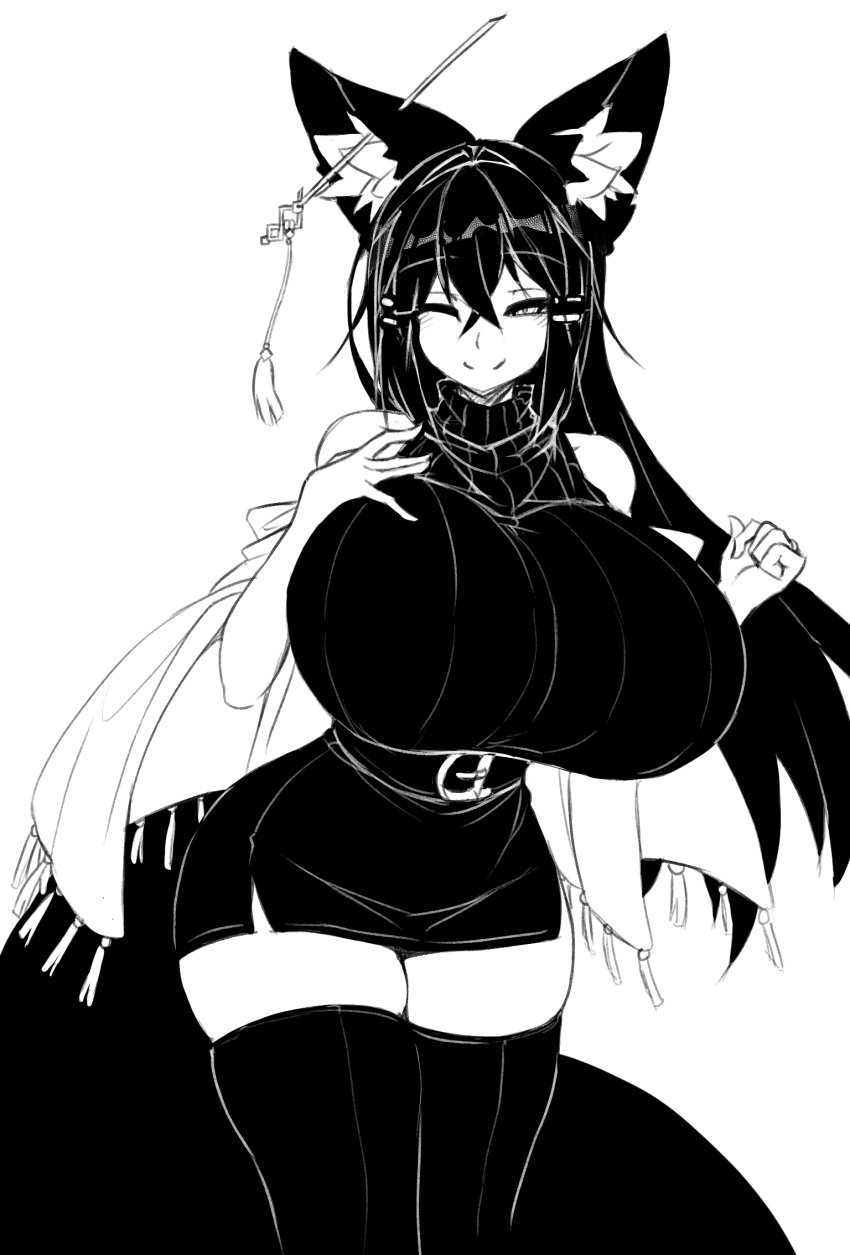 black_and_white black_hair dress female fox_ears fox_girl huge_breasts kiri_(sub-res) large_breasts smiling smiling_at_viewer stockings sub-res sweater sweater_dress thick_thighs wholesome winking_at_viewer