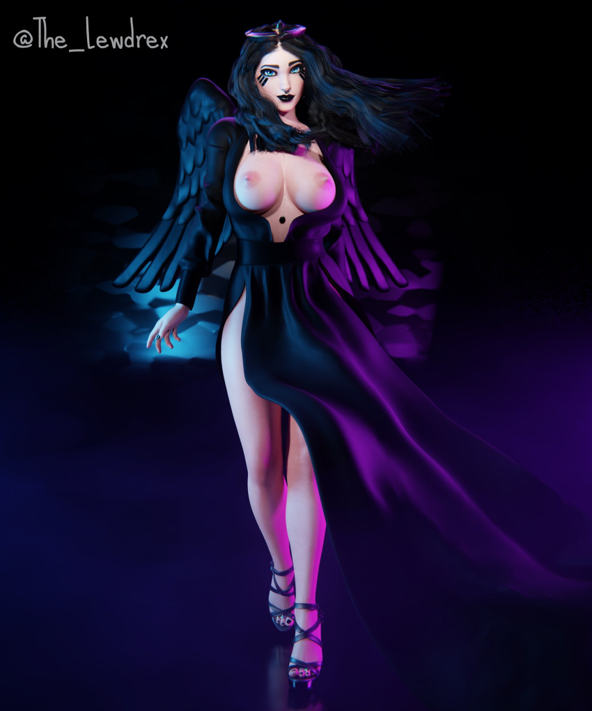 1girls 3d angel angel_wings areolae ark_(fortnite) big_breasts black_hair black_lipstick black_makeup blender blue_eyes breasts breasts_out clothed clothing epic_games female female_focus female_only fortnite fortnite:_battle_royale goth goth_girl halo headwear highres lewdrex light-skinned_female light_skin lipstick long_hair makeup nipples presenting presenting_breasts solo solo_focus standing watermark wings