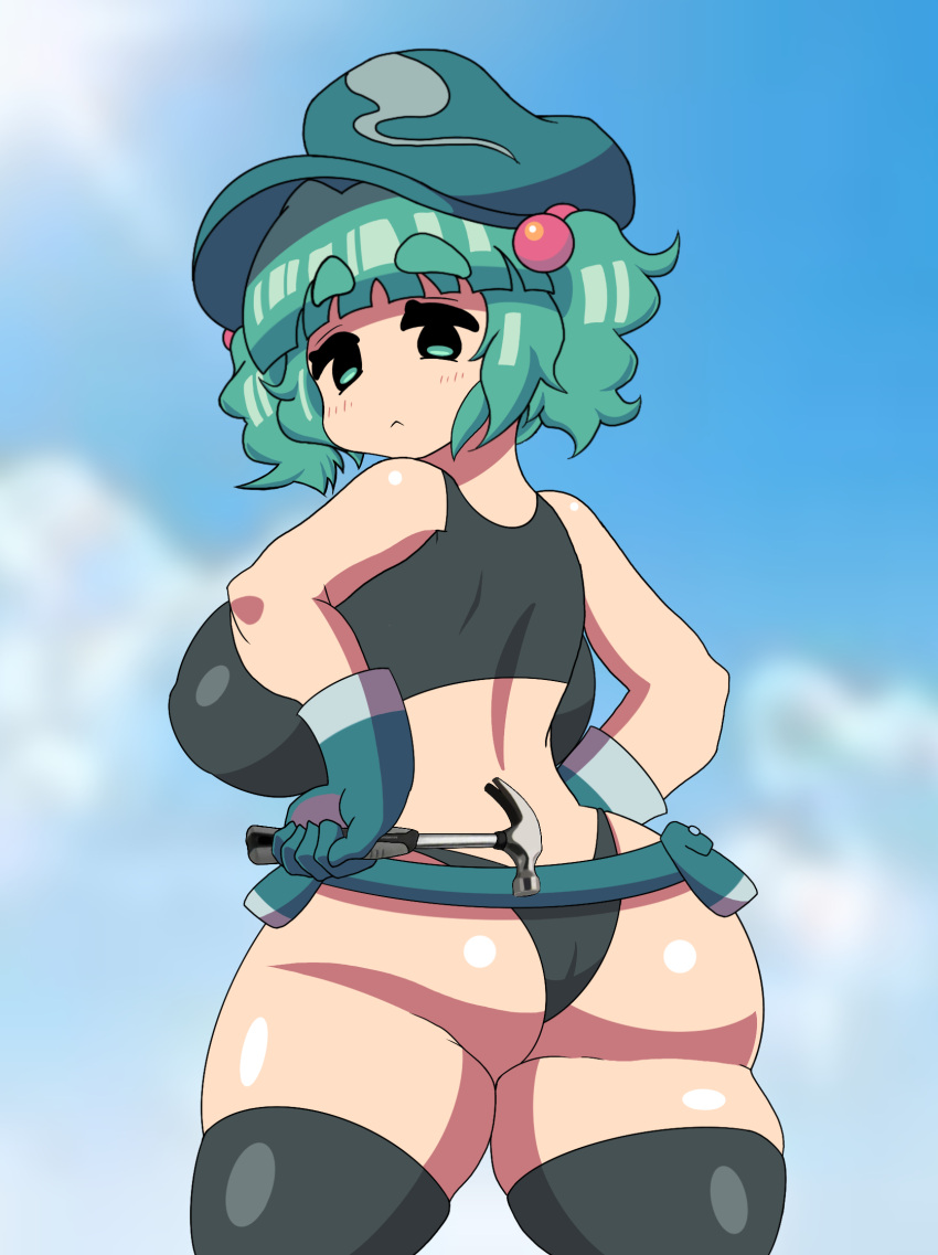 1girls ass back_view belt_pouch big_breasts blush borrowed_design breasts clouds cyan_eyes cyan_hair dat_ass gloves hammer hat light-skinned_female long_gloves looking_back nipple_bulge nitori_kawashiro nono_(notnoe) sazanami_breaker shortstack sky solo solo_female tank_top thick_thighs thigh_highs thighs thong touhou twintails