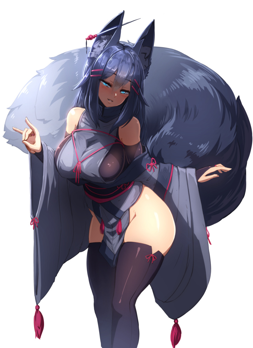 2018 aroused aroused_face aroused_smile barbariank big_tail black_fur black_hair blush blushing_at_viewer ear_tuft fox_ears fox_girl fox_tail foxgirl horny horny_female huge_breasts kiri_(sub-res) large_breasts looking_at_viewer smile smiling smiling_at_viewer thick_thighs thigh_highs thighhighs transparent_background