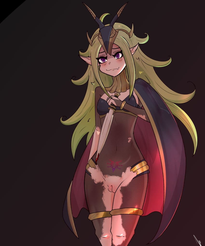 1girls alternate_costume bodystocking brand_of_the_defile breasts chocker corruption cosplay dagger female female_only fire_emblem fire_emblem_awakening green_hair hairless_pussy long_hair meinou nintendo nowi_(fire_emblem) pointy_ears pubic_tattoo purple_eyes pussy small_breasts solo tharja_(fire_emblem)_(cosplay) thighlet torn_bodystocking torn_bodysuit torn_clothes weapon