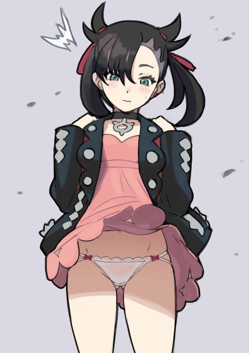 1girls :s ass_visible_through_thighs black_hair black_jacket blush choker dress dress_lift earrings embarrassed female female_only goth_girl green_eyes hi_res jacket looking_down marnie_(pokemon) nintendo ogre_(illustogre) panties pink_dress pokemon pokemon_ss shocked simple_background skirt_lift solo sweatdrop thighs twintails white_panties