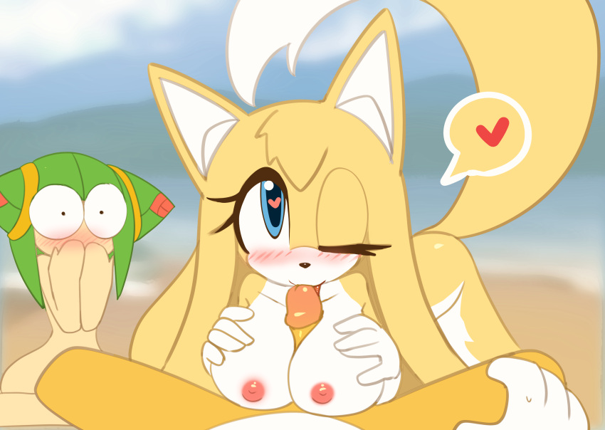 1boy 2girls blowjob blush breasts cosmo_the_seedrian female heart heart-shaped_pupils howxu licking_penis looking_at_viewer male miles_tails_prower nipples paizuri sega sonic_(series) sonic_the_hedgehog_(series) straight surprised_expression tail tails tails_the_fox yellow_fur zooey_the_fox