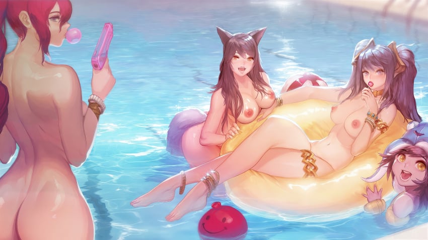 4girls ahri ai_edit animal_ears ass barefoot black_hair blue_hair breasts bubble bubble_gum cleavage color edit edited feet female hair instant-ip jewelry large_breasts league_of_legends lollipop long_hair looking_back lulu_the_fae_sorceress miss_fortune multiple_girls nude_edit nudity open_mouth ponytail pool pool_party_lulu pool_party_series red_hair riot_games short_hair sona_buvelle tail tied_hair twintails vastaya yellow_eyes yordle