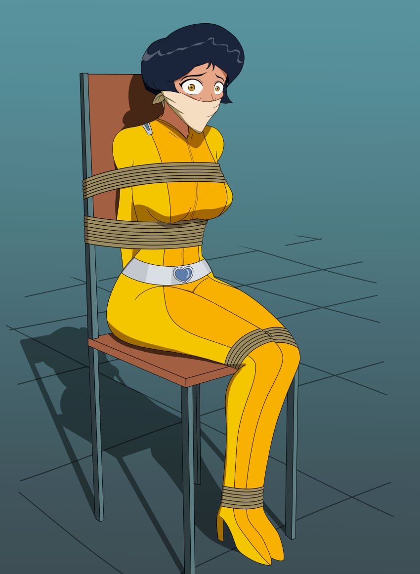 absurd_res alex_(totally_spies) bennypaan bodysuit bondage female gag gagged jpeg restrained rope_bondage totally_spies yellow_bodysuit