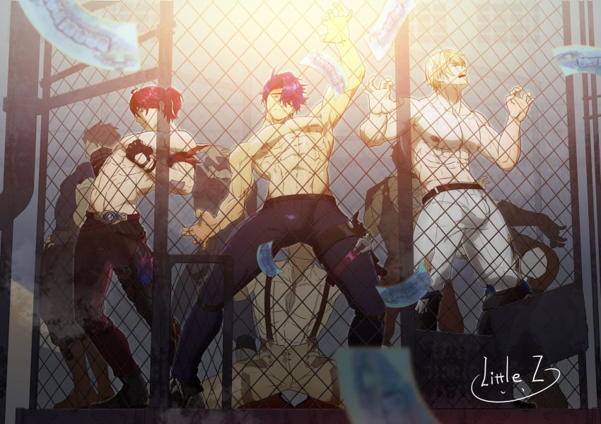 8boys bara black_hair black_pants blonde_hair blue_hair boxing_ring brown_hair dancing gay gepard_(honkai:_star_rail) grey_pants half-dressed hands-free honkai:_star_rail honkai_(series) kyle_(honkai_star_rail) little_z luka_(honkai:_star_rail) male_only multiple_boys muscles muscular muscular_male nipple_play oleg_(honkai_star_rail) pecs pectorals red_hair sampo_(honkai_star_rail) shirtless short_hair silvermane_guards_(honkai:_star_rail) silvermane_soldier_(honkai_star_rail) suspenders sweaty vagrant_(honkai_star_rail) white_shirt