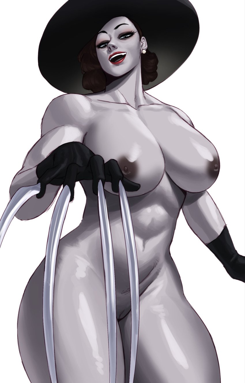 1girls alcina_dimitrescu big_breasts brown_hair capcom claws completely_naked completely_naked_female completely_nude completely_nude_female dress female female_only gloves hat large_hat long_claws looking_at_viewer mature_female milf muscular_female naked naked_female narrowed_eyes necklace nude nude_female pale-skinned_female pale_skin red_lipstick resident_evil resident_evil_8:_village solo sotcho very_high_resolution viewed_from_below white_background