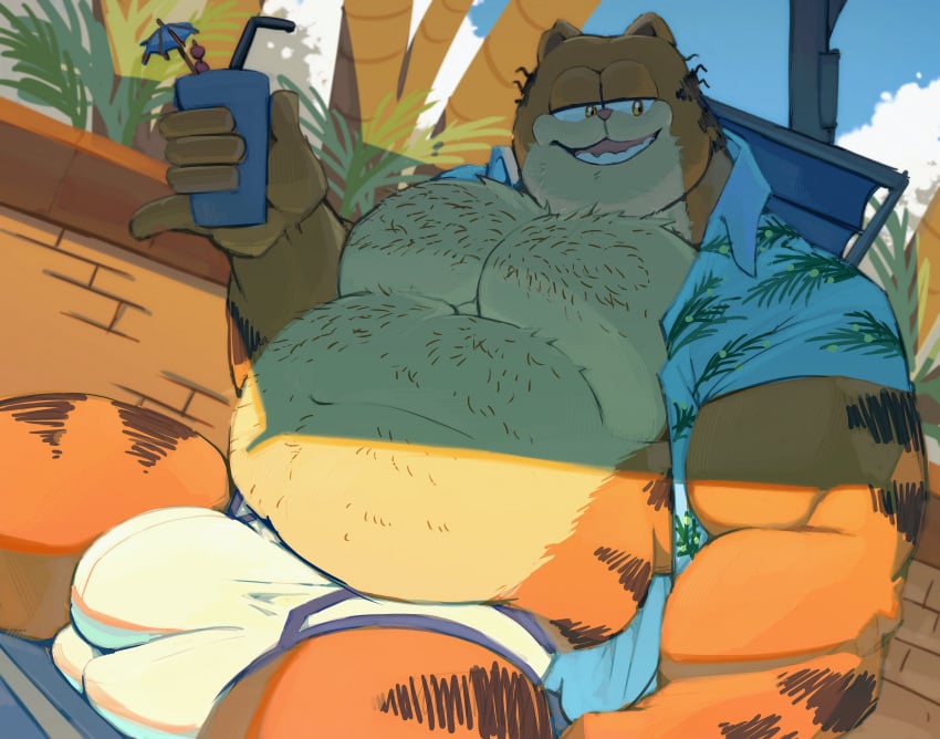 absurd_res aloha_shirt anthro belly beverage body_hair bulge clothed clothing columbia_pictures container cup domestic_cat felid feline felis garfield_(series) hi_res male male_only mammal open_clothing open_shirt open_topwear pattern_clothing pattern_shirt pattern_topwear paws,_inc. revealing_breasts shirt solo stomach_hair the_garfield_movie_(2024) topwear vic_(garfield) zhangkuu