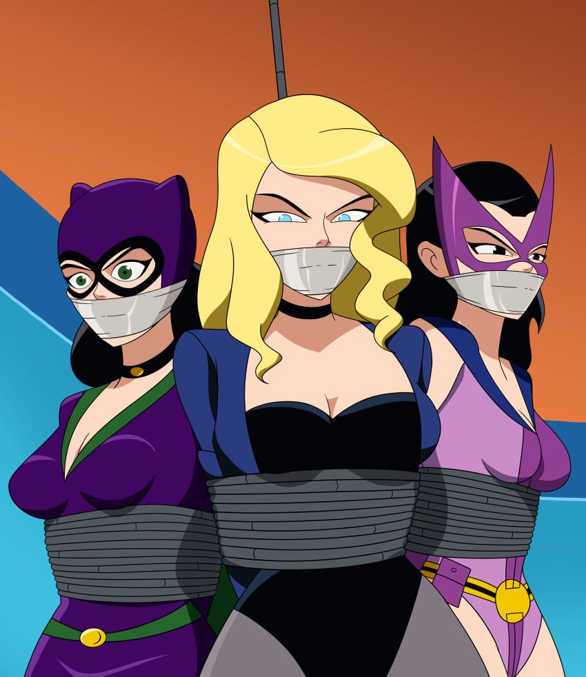 3girls batman:_the_brave_and_the_bold batman_(series) bennypaan birds_of_prey black_canary black_canary_(dcau) bondage catwoman catwoman_(the_brave_and_the_bold) dc dc_comics dcau dinah_lance female female_only green_arrow_(series) helena_bertinelli huntress_(dc) justice_league_unlimited restrained rope_bondage selina_kyle tape_gag trio trio_female