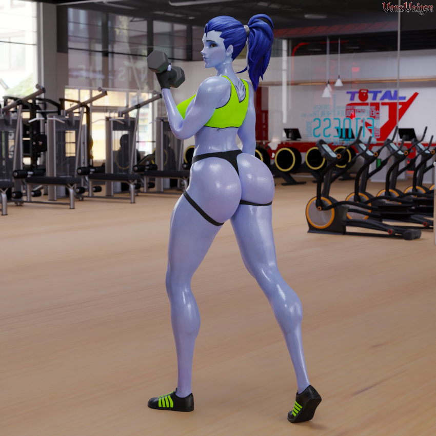 1girls 3d abs amelie_lacroix ass big_ass big_breasts black_fingernails black_nails black_thong blizzard_entertainment blue_hair braided_ponytail elbow_sleeve female female_only fit fit_female gym looking_at_viewer mirror muscular muscular_female muscular_thighs no_pants oiled oiled_skin oily overwatch overwatch_2 ponytail purple-skinned_female purple_skin solo solo_female sports_bikini sports_bra sports_panties tattoo tattoo_on_stomach thick_thighs thong thunder_thighs vonsvaigen wide_hips widowmaker yellow_eyes