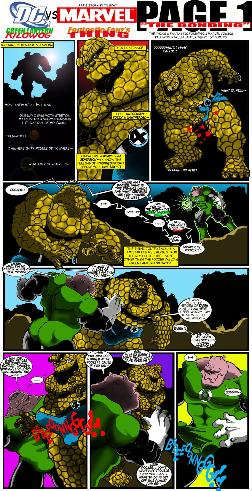 2011 absurd_res alien balls_outline bolovaxian bottomwear bulge clothed clothing comic duo elemental_creature elemental_humanoid english_text erection erection_under_clothing fantastic_four gay genital_outline green_lantern_(series) hi_res humanoid kilowog male marvel mineral_fauna mineral_humanoid page_1 penis_outline rock rock_creature rock_humanoid shorts speech_bubble text the_thing_(marvel) tomcat_(artist)