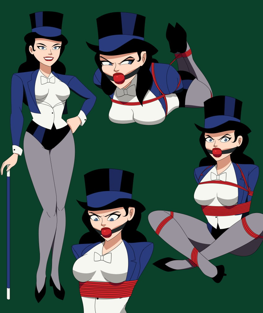 ball_gag bennypaan bondage breasts dc dc_comics gag gagged high_heels restrained rope_bondage top_hat walking_cane zatanna