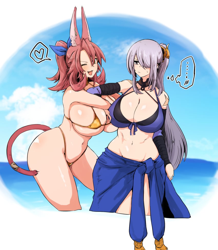 annoyed bikini cat_ears cat_tail dogmatika_fleudelis_the_knighted doradora_uhouho duel_monster gold_jewelry golden_eyes large_breasts pastel_purple_hair smiling spoken_heart swimsuit tagme tri-brigade_ferrijit_the_barren_blossom yu-gi-oh!