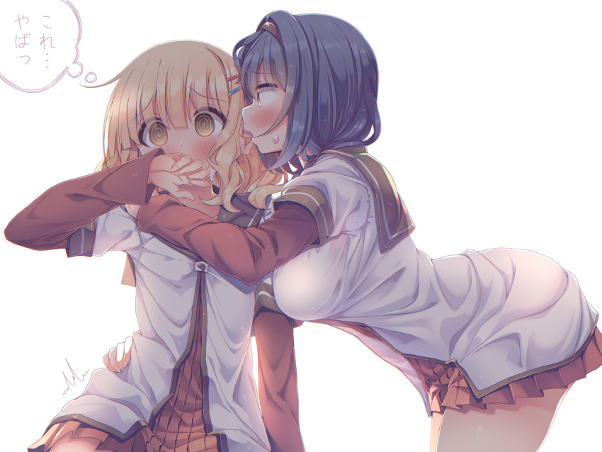 2girls @_@ blonde_hair blue_hair breasts covering_mouth furutani_himawari hair_ornament hairband hairclip large_breasts licking licking_ear long_sleeves multiple_girls nanamori_school_uniform oomuro_sakurako school_uniform short_hair simple_background sweatdrop takahero thought_bubble whispering white_background yellow_eyes yuri yuru_yuri