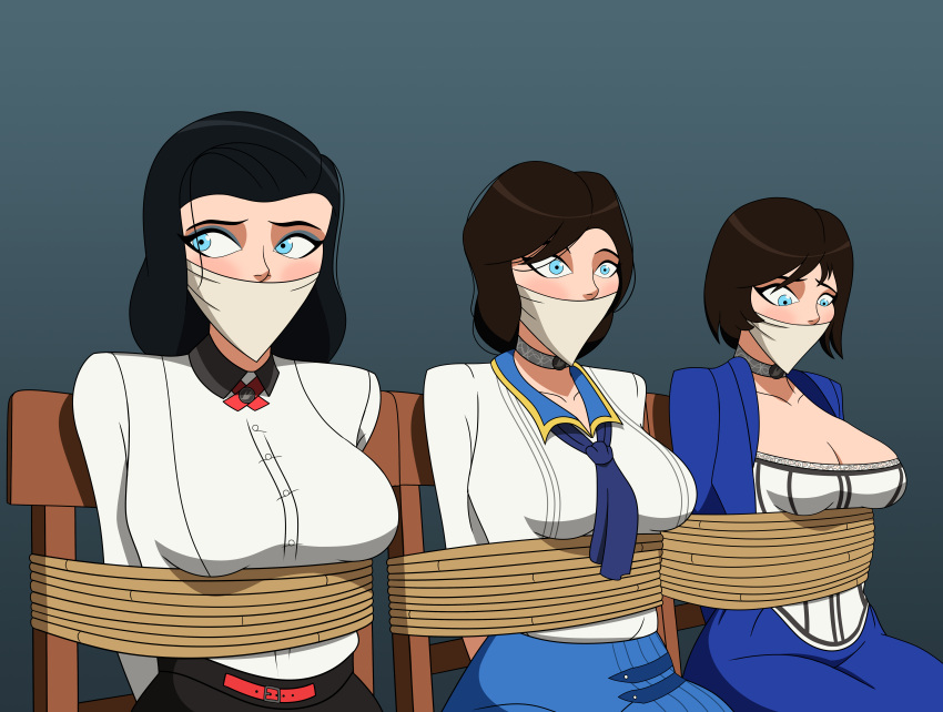 3girls bennypaan bioshock bioshock_infinite bondage elizabeth_comstock gag gagged multiple_girls restrained rope_bondage